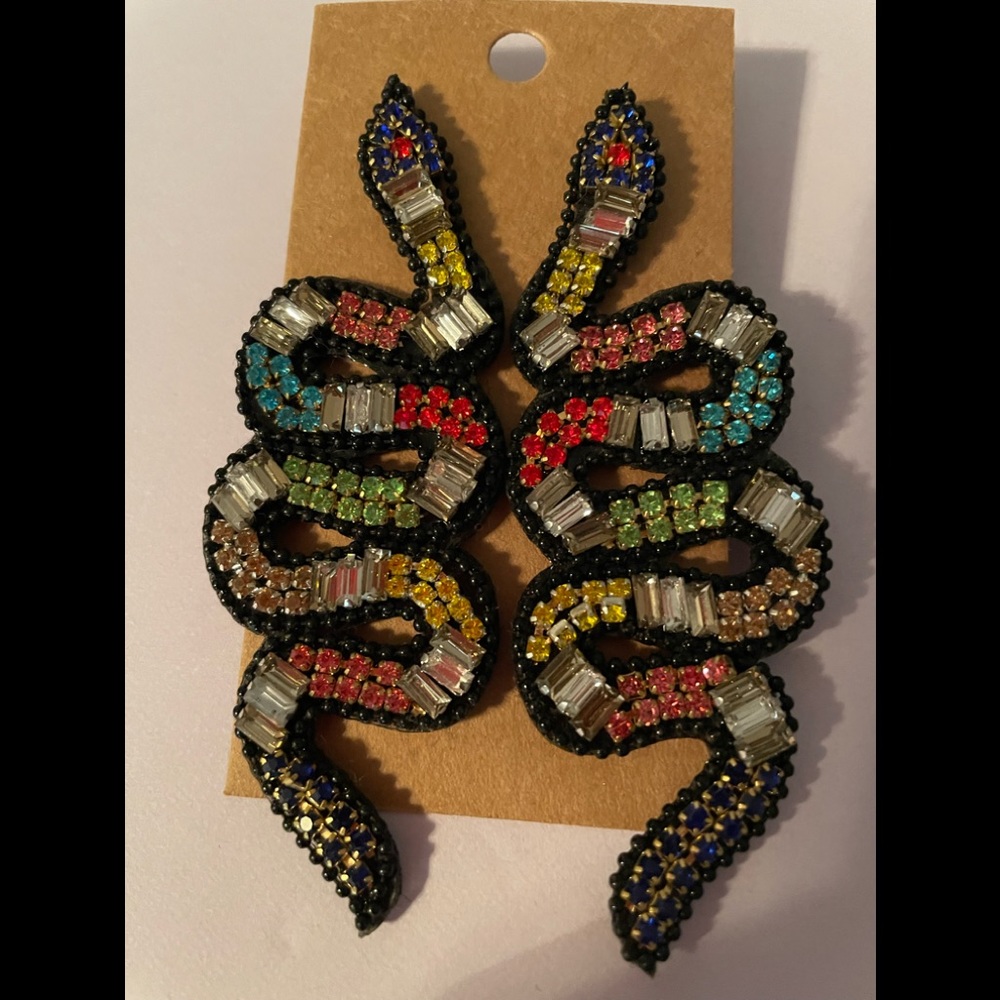 Snake earrings with multi-color glass stones- lightweight - New